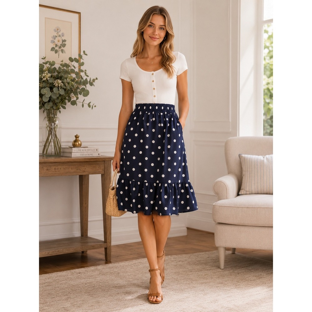 LC Lauren Conrad Polka Dot Ruffle Hem Midi Skirt Size Medium Navy White